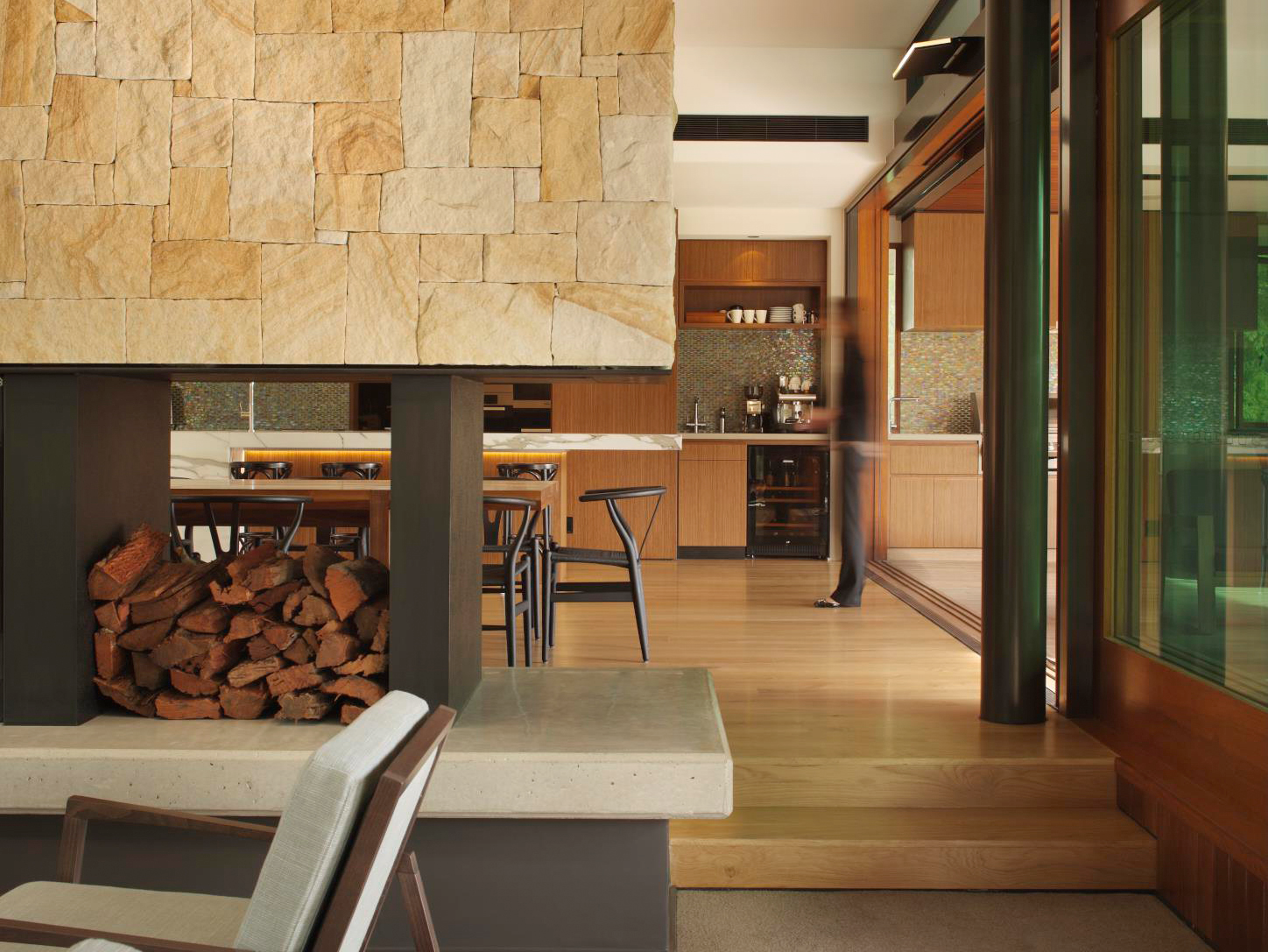 Modern home with Killcare sandstone random ashlar fireplace 