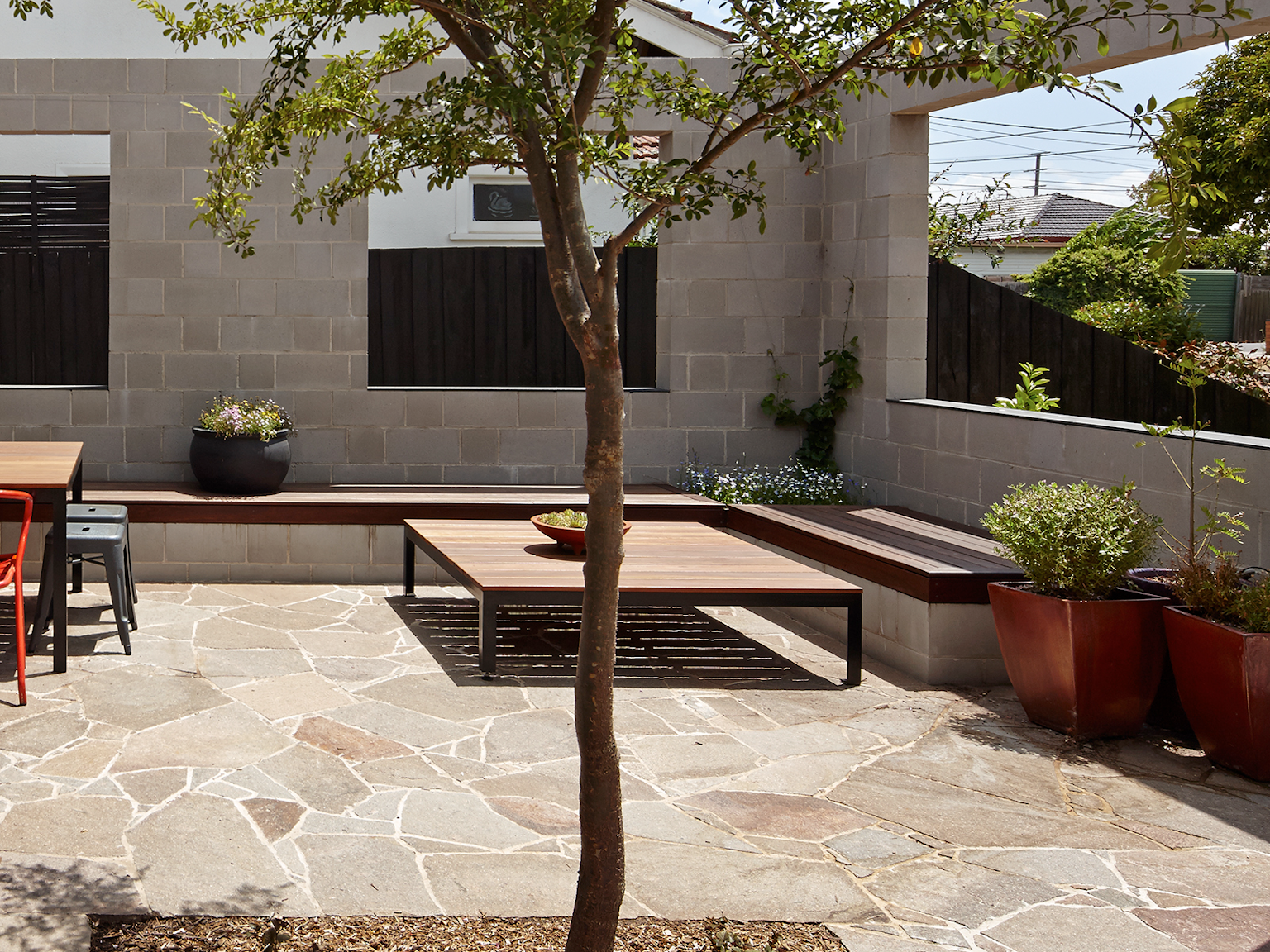 View of external courtyard with porphyry crazy paving