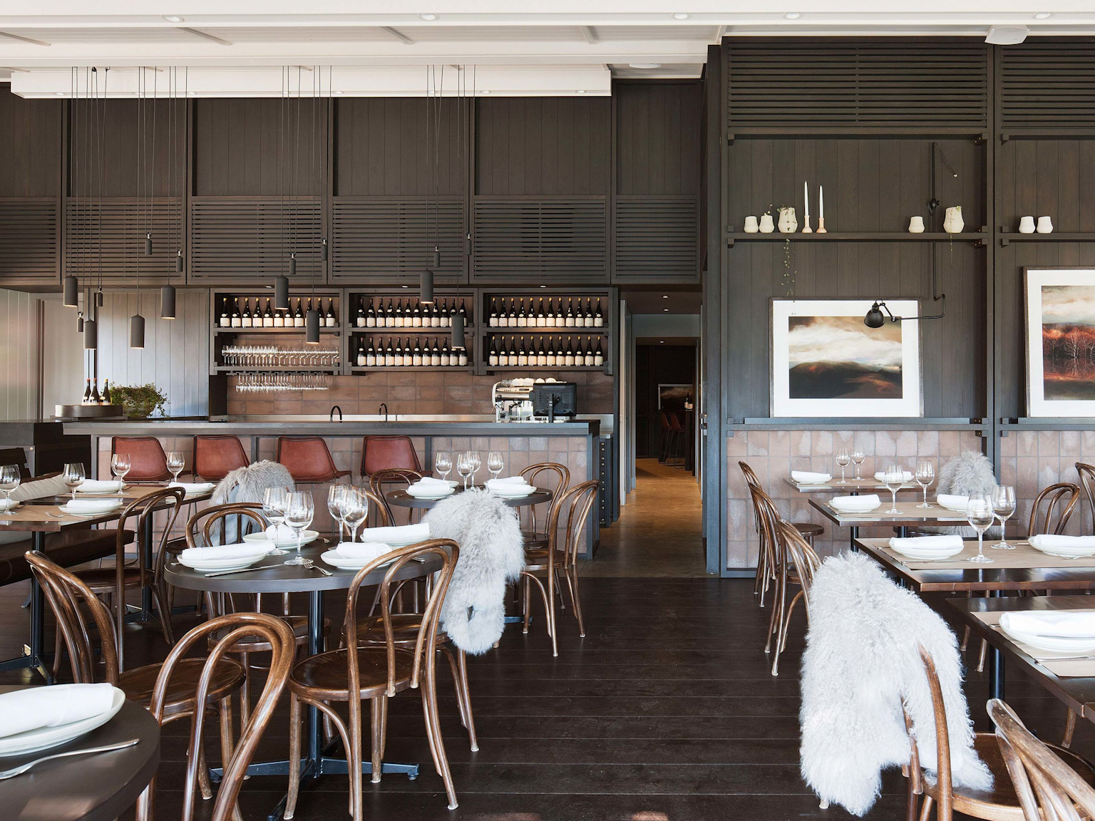 Natural tones and textures create a beautiful, tranquil space in the Polperro Winery restaurant